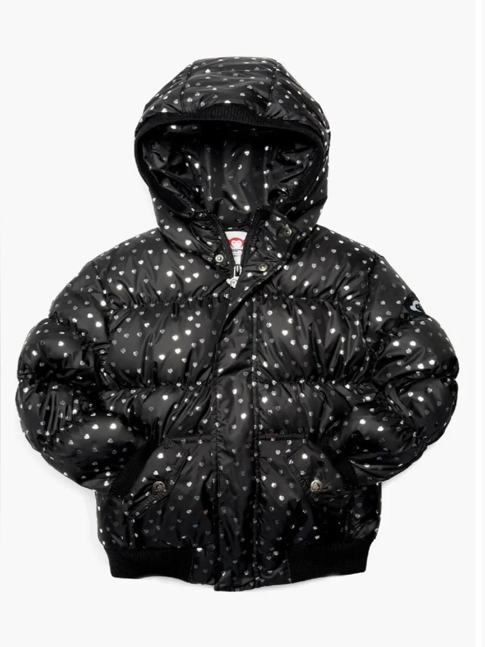 Appaman Girls Hearts Puffy Coat Size 6 Black Silver Down Puffer Jacket Hooded